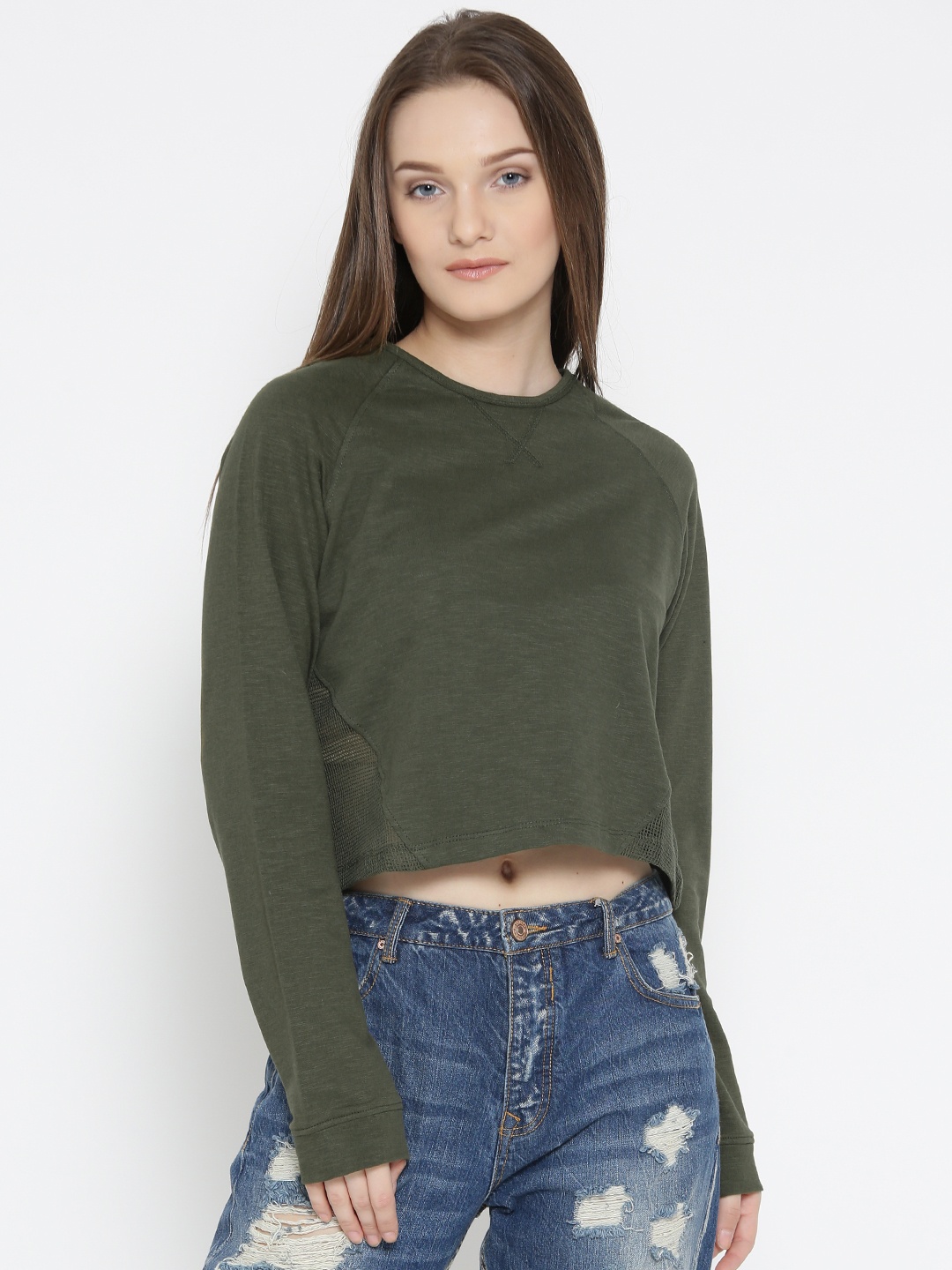 

Roadster Women Olive Green Crop Sweatshirt
