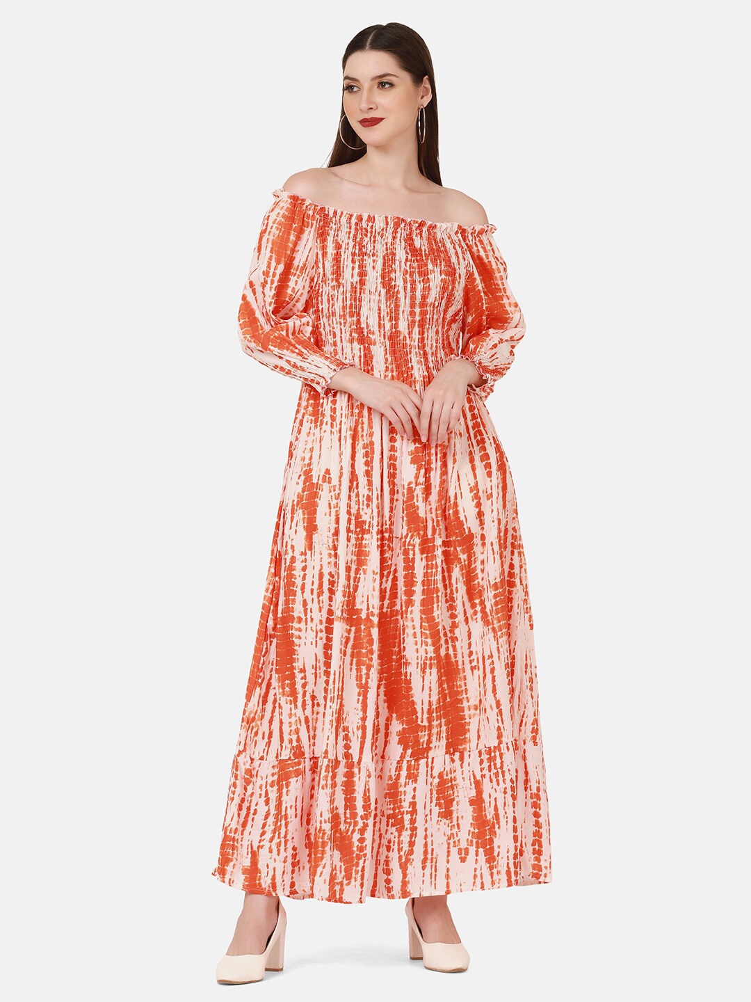 

BUY NEW TREND Women Orange & Cream-Coloured Off-Shoulder Cotton Maxi Dress