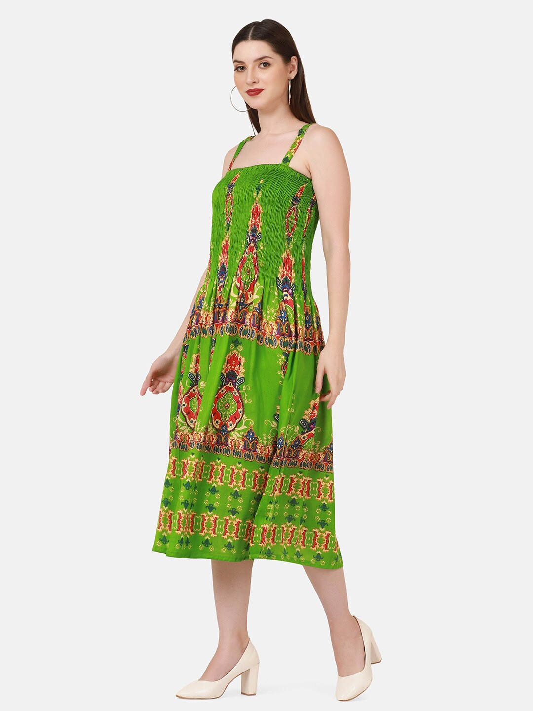 

BUY NEW TREND Green Ethnic Motifs A-Line Midi Dress