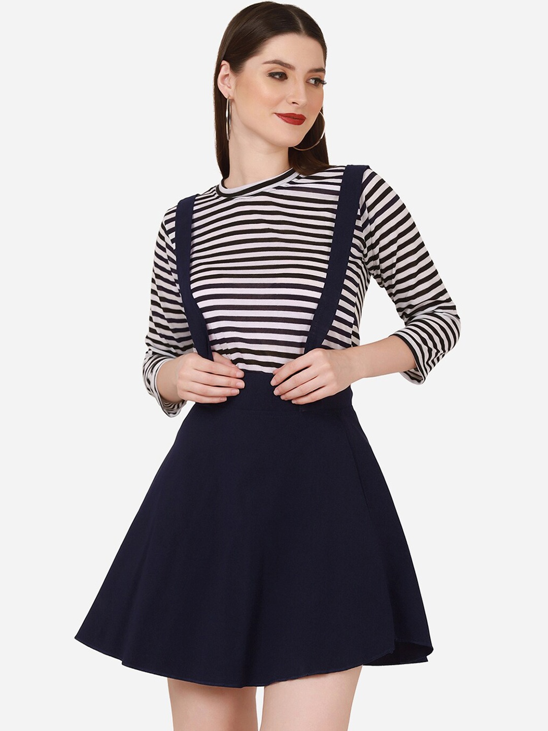 

BUY NEW TREND Women Navy Blue Solid Pinafore Mini Skirt with Attached Suspenders