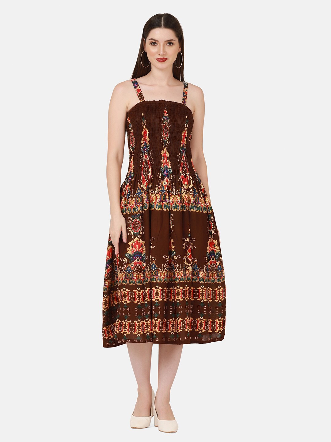 

BUY NEW TREND Brown Ethnic Motifs A-Line Midi Dress