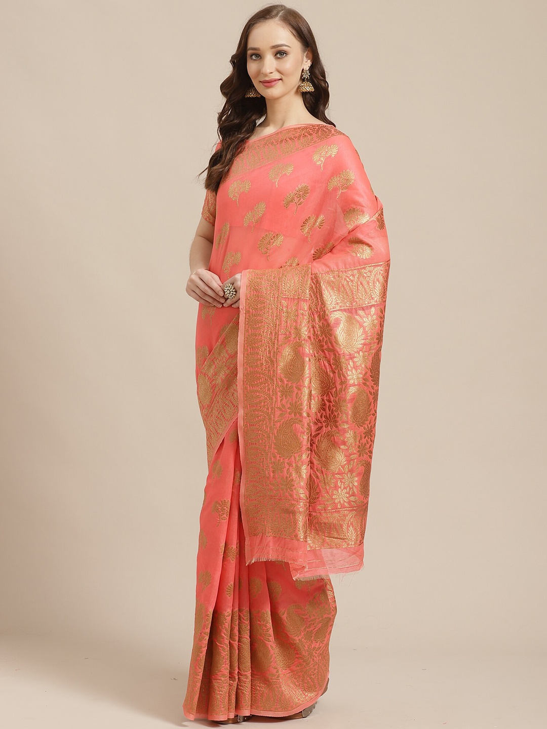 

Saree mall Women Peach & Gold-Toned Woven Design Zari Silk Blend Banarasi Saree