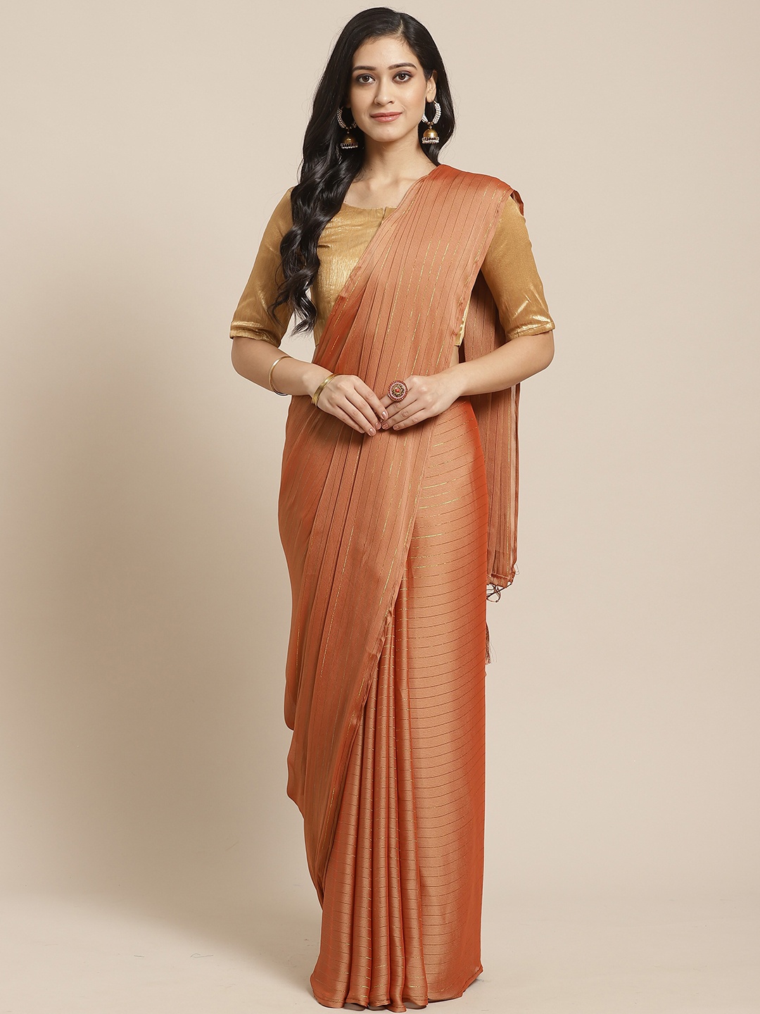 

Saree mall Brown & Gold-Toned Striped Sarees