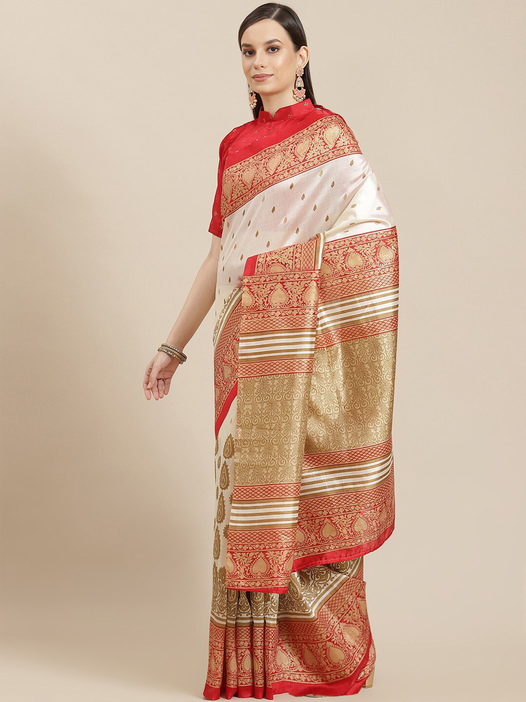 

Saree mall Cream-Coloured & Red Ethnic Motifs Silk Blend Sarees