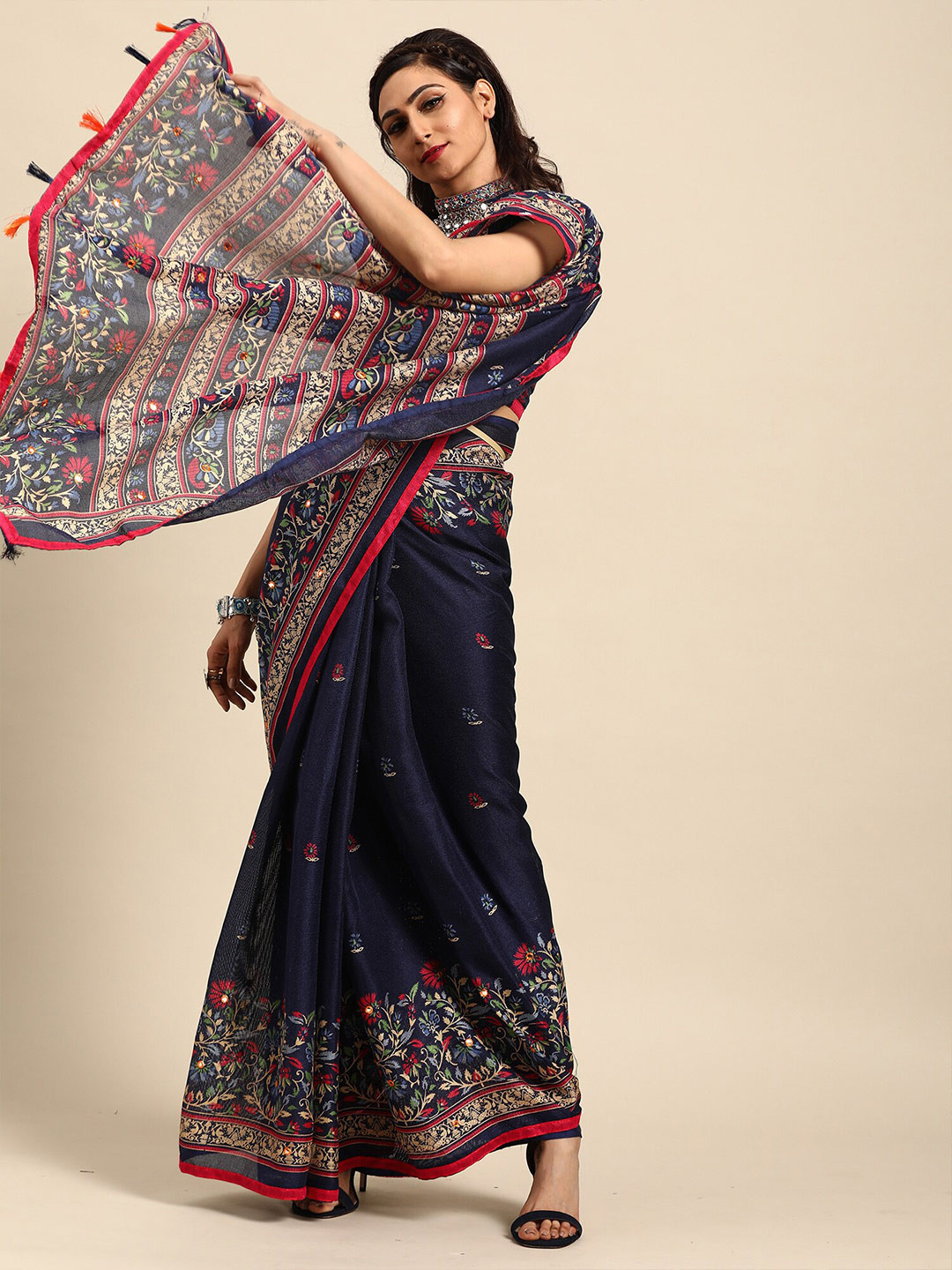 

Saree mall Navy Blue & Red Floral Jute Silk Block Print Sarees
