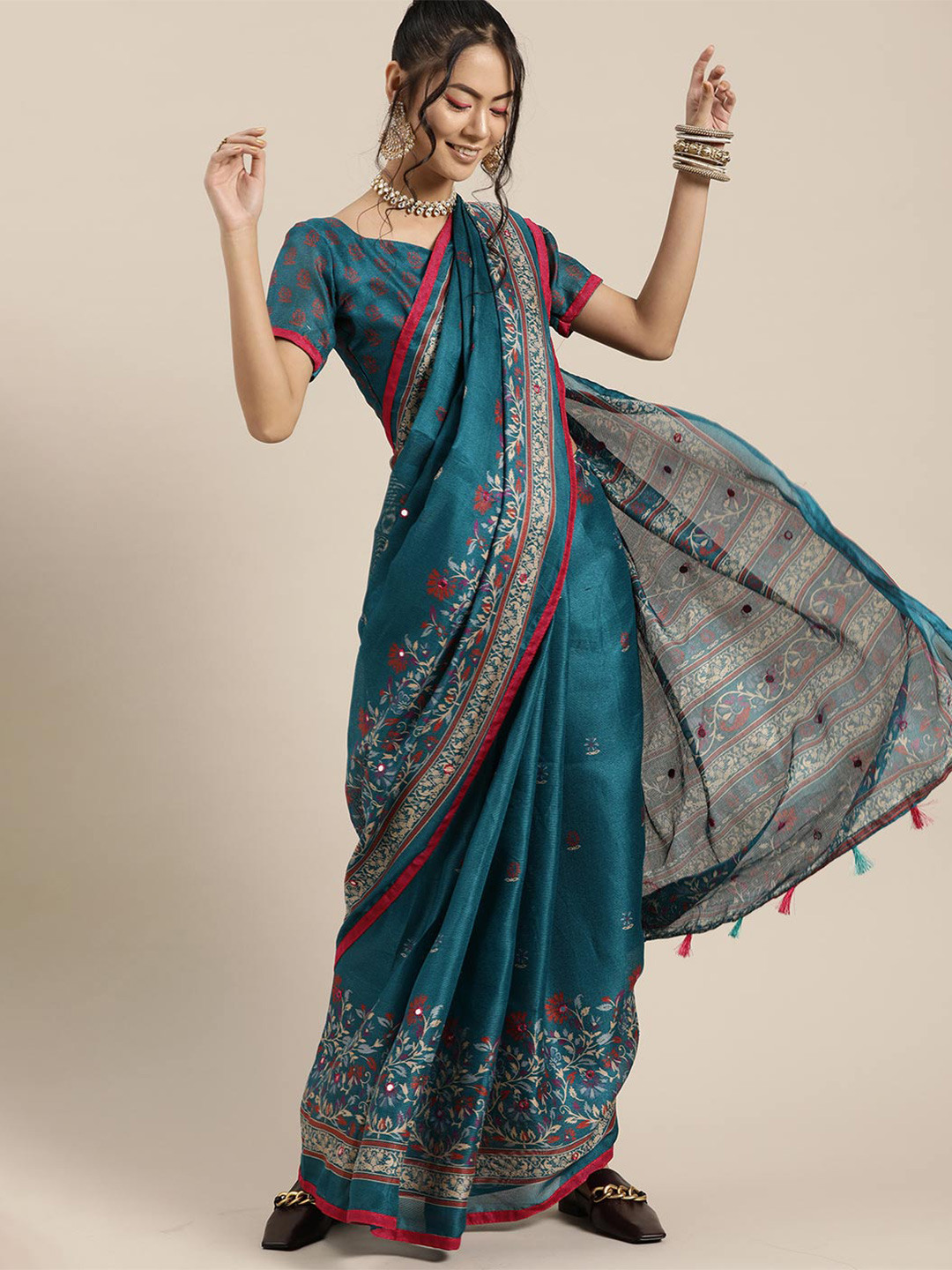 

Saree mall Teal & Red Floral Jute Silk Block Print Sarees