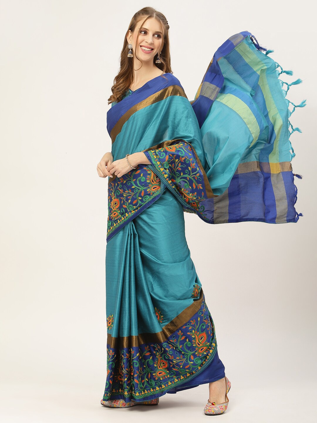 

SERONA FABRICS Turquoise Blue & Green Ethnic Motifs Embroidered Silk Cotton Saree