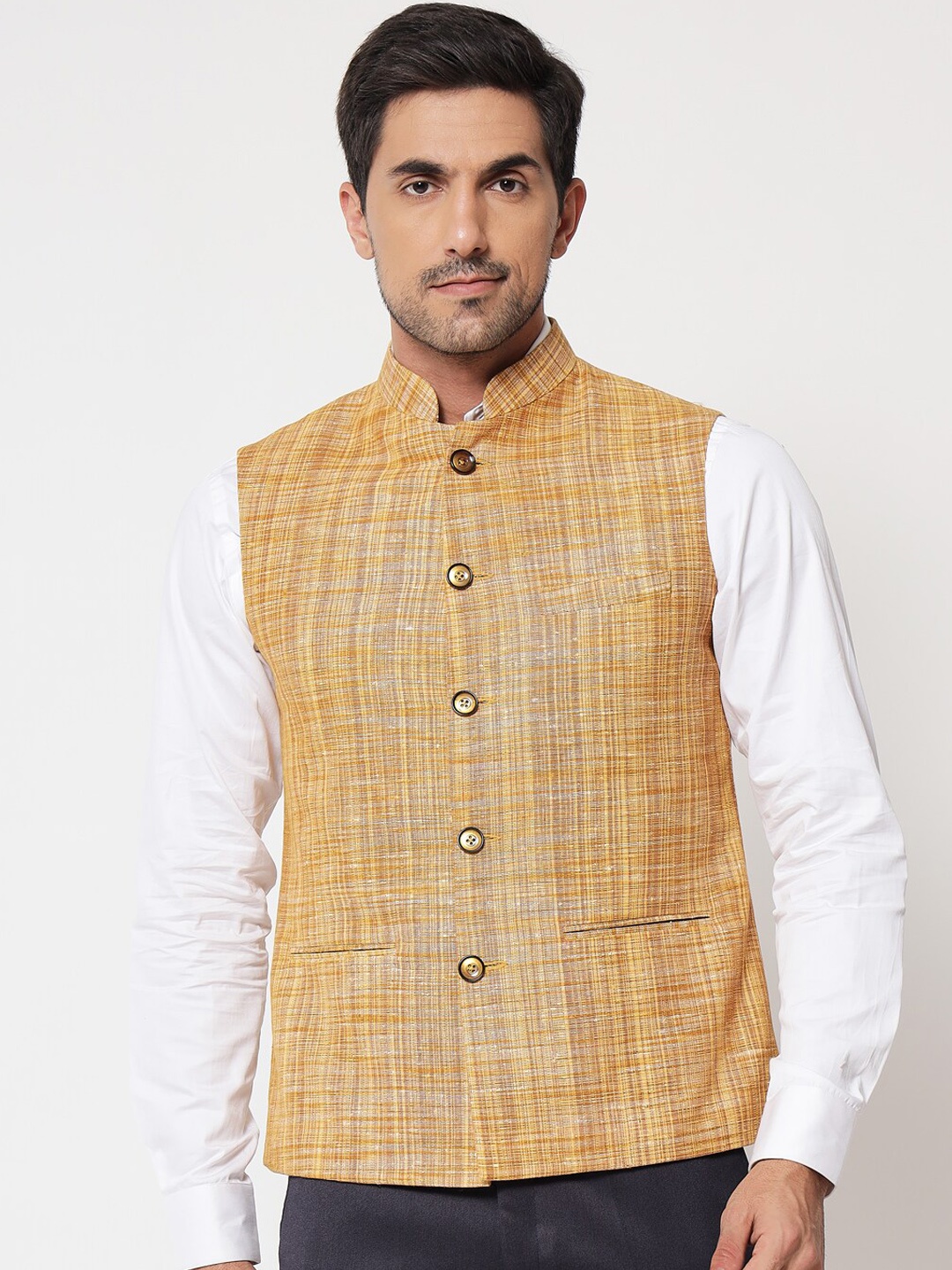 

Vastraa Fusion Men Brown Woven Design Handloom Nehru Jacket