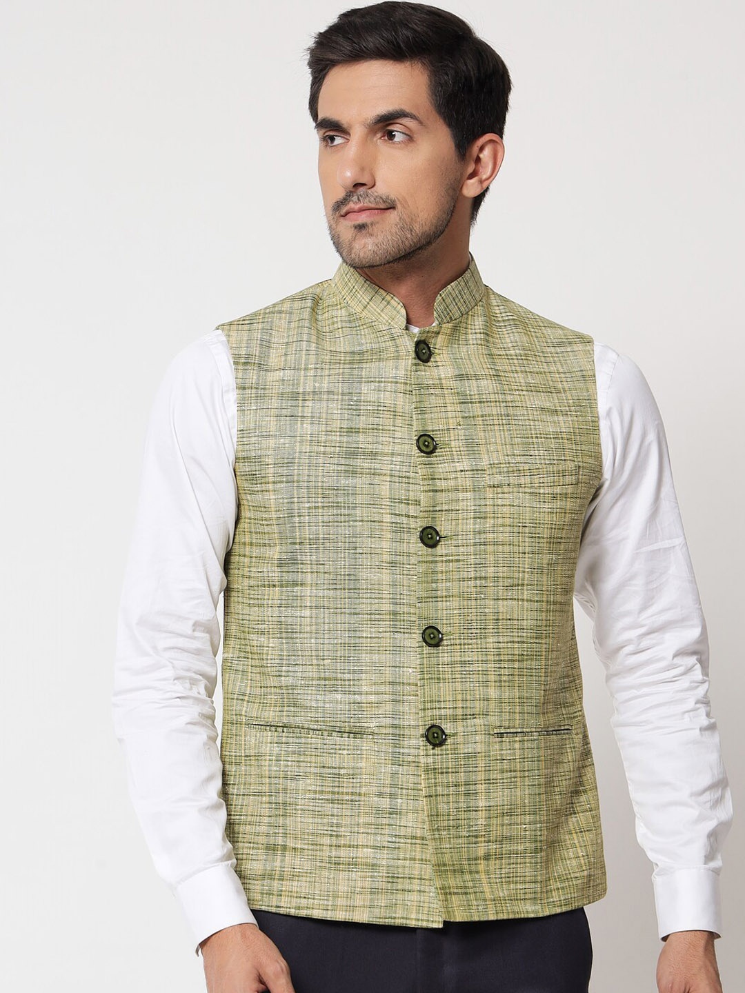 

Vastraa Fusion Men Green Woven Design Handloom Nehru Jacket