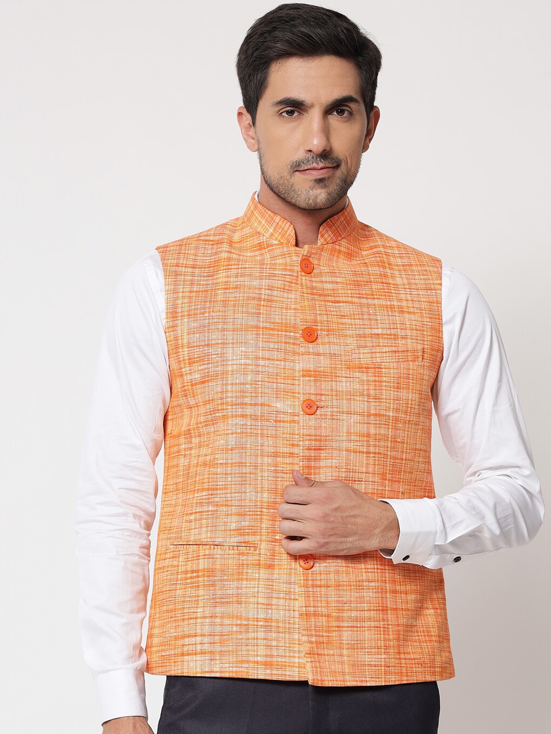 

Vastraa Fusion Men Orange Woven Design Handloom Nehru Jacket