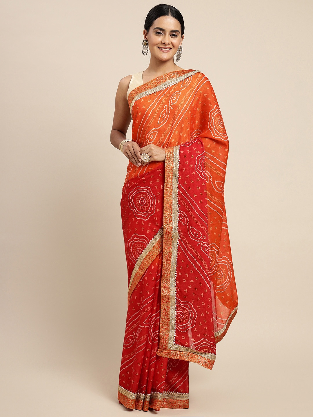

SANGAM PRINTS Orange & White Bandhani Jacquard Work Saree