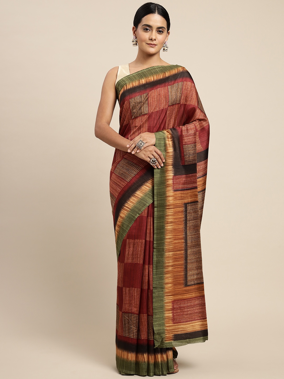 

SANGAM PRINTS Maroon & Green Checked Silk Blend Saree