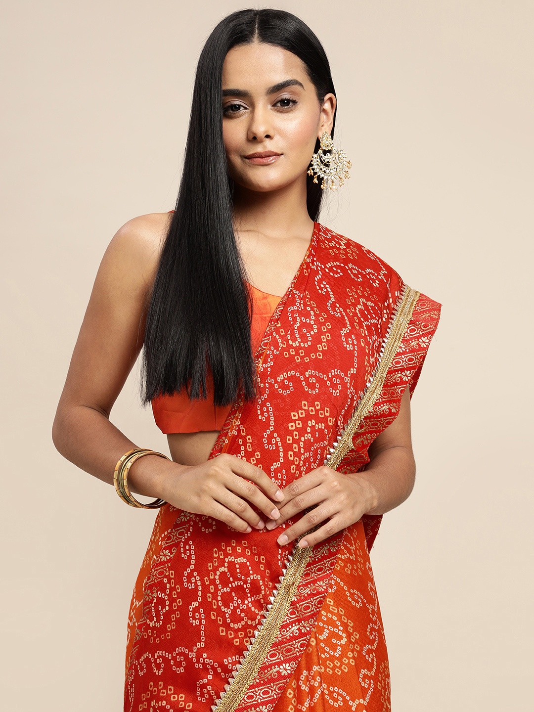 

SANGAM PRINTS Orange & Red Bandhani Gotta Patti Jacquard Work Saree