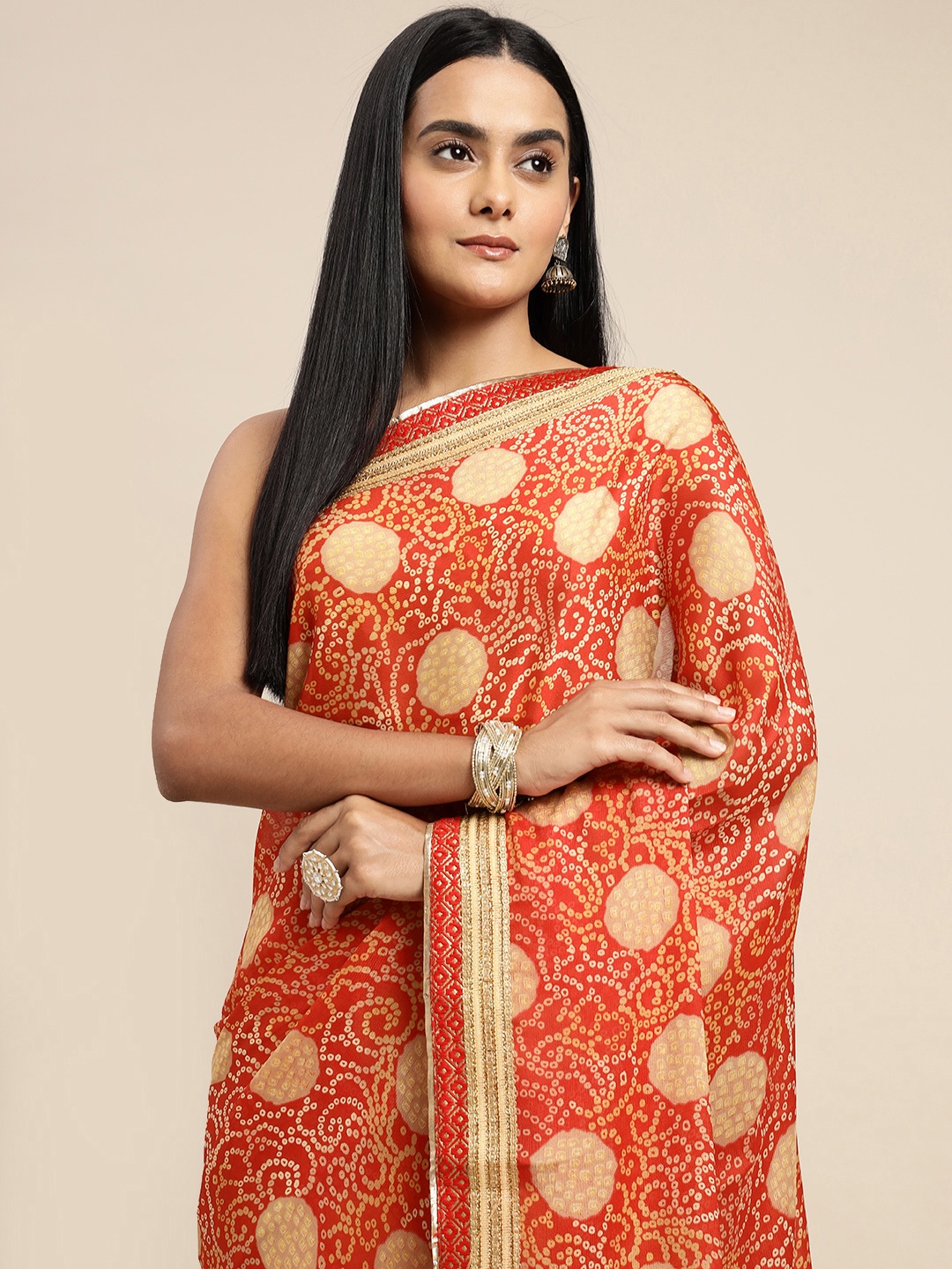 

SANGAM PRINTS Red & Beige Bandhani Jacquard Work Saree