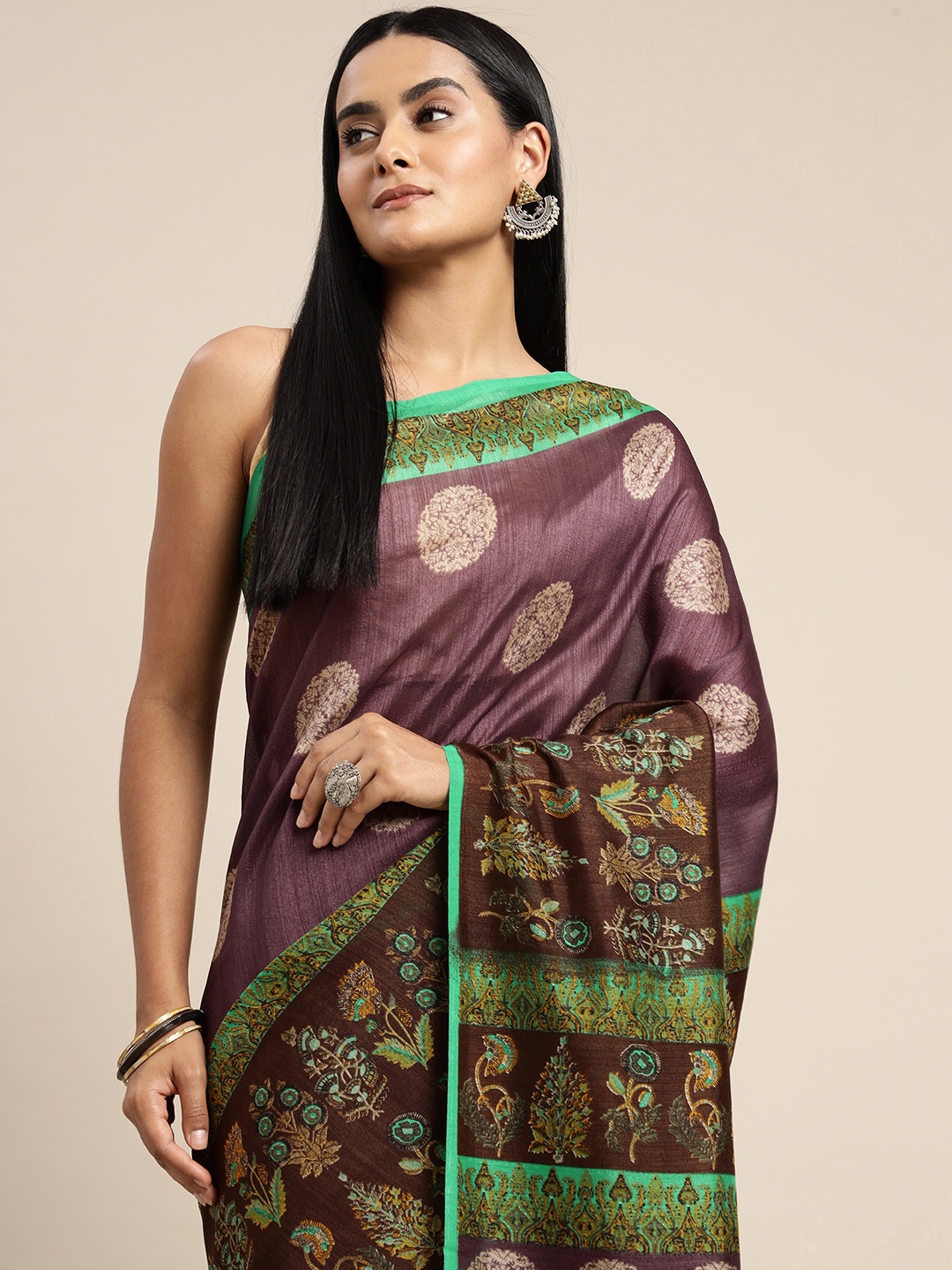 

SANGAM PRINTS Purple & Beige Ethnic Motifs Silk Blend Saree