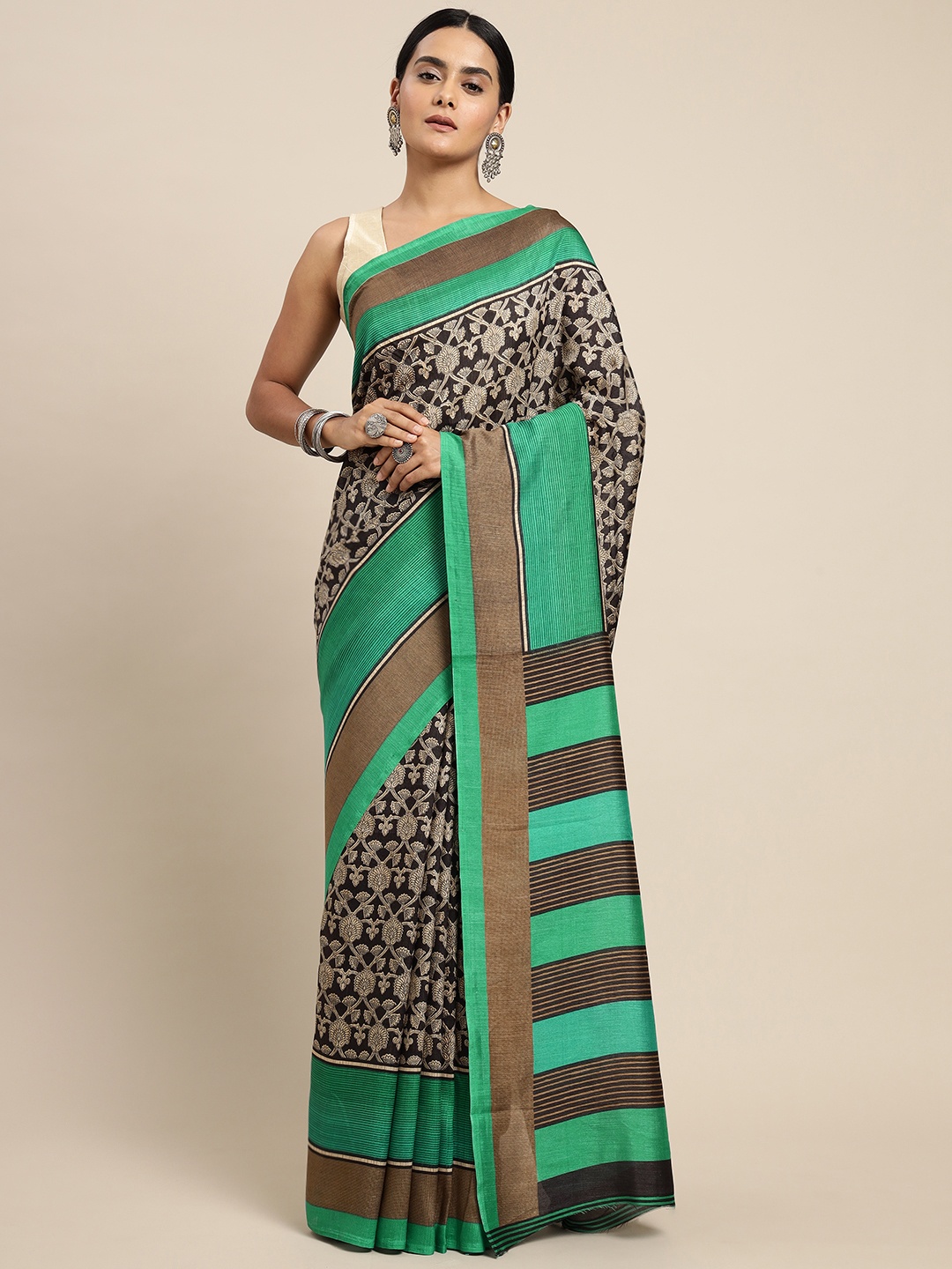 

SANGAM PRINTS Black & Blue Ethnic Motifs Silk Blend Saree