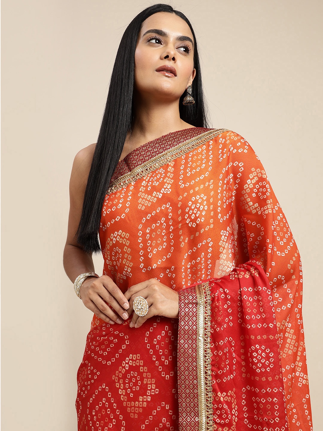 

SANGAM PRINTS Orange & Red Bandhani Jacquard Work Saree