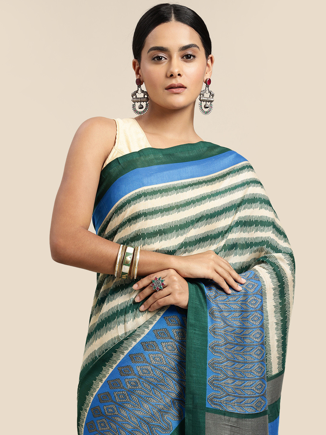 

SANGAM PRINTS Off White & Green Striped Silk Blend Saree