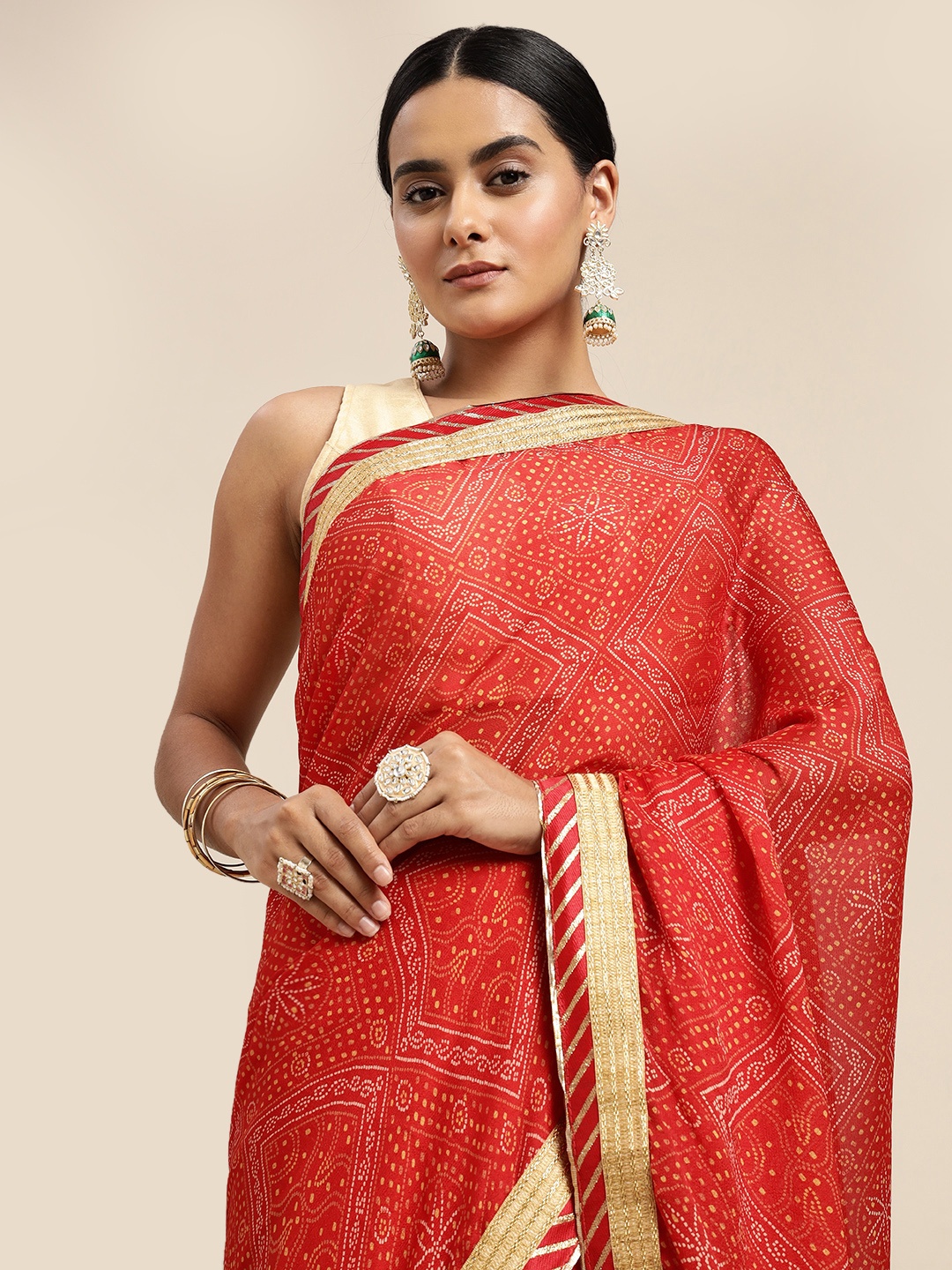 

SANGAM PRINTS Red & Gold Bandhani Gotta Patti Jacquard Work Saree