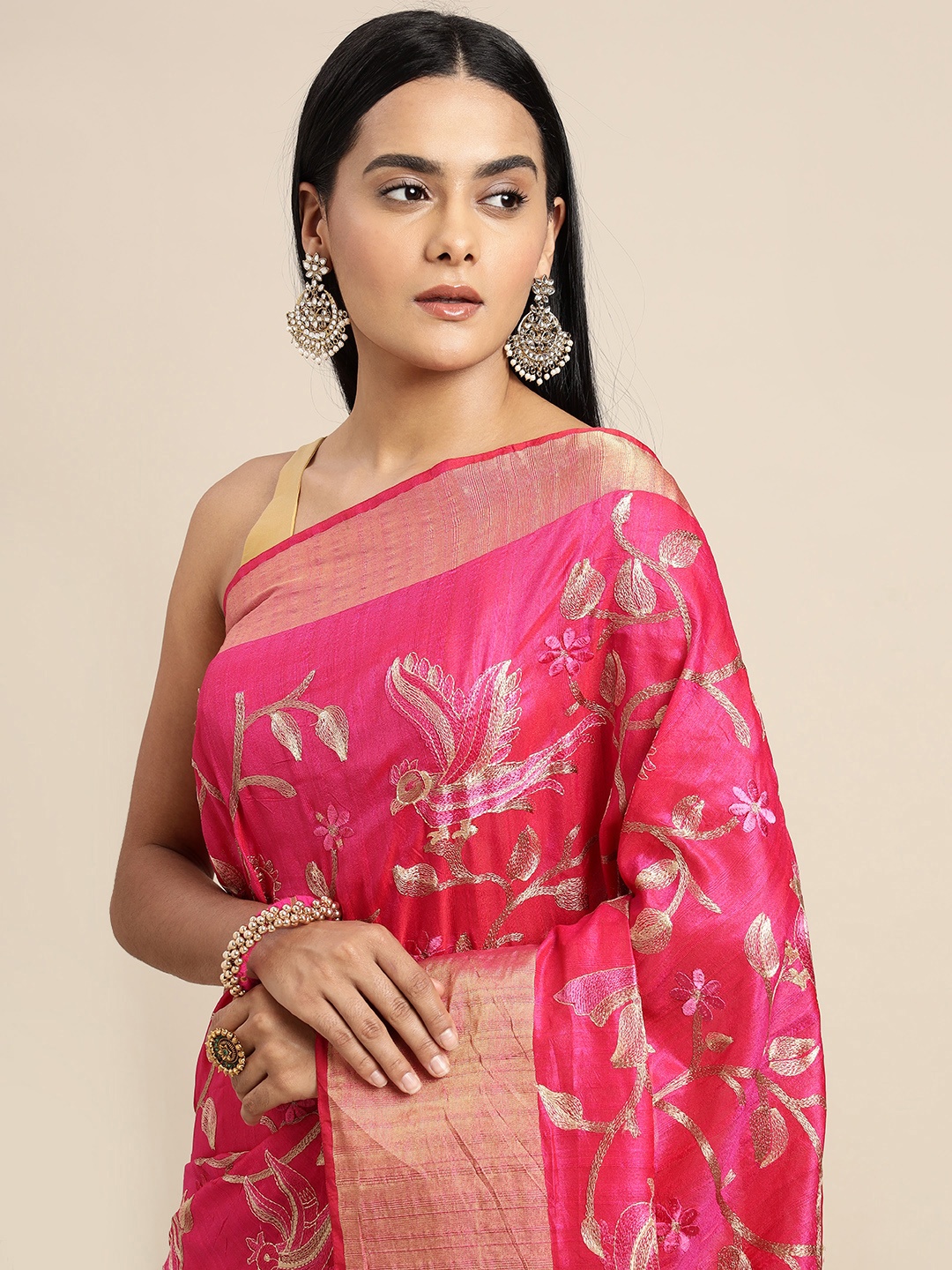 

SANGAM PRINTS Pink & Gold Ethnic Motifs Heavy Work Silk Blend Heavy Work Saree