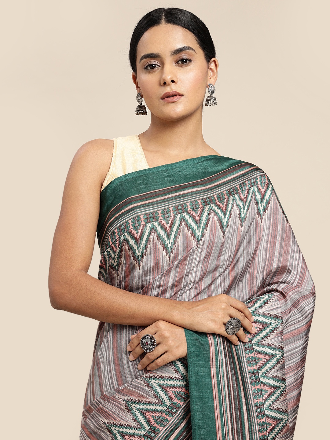 

SANGAM PRINTS Beige & Green Striped Silk Blend Half and Half Saree