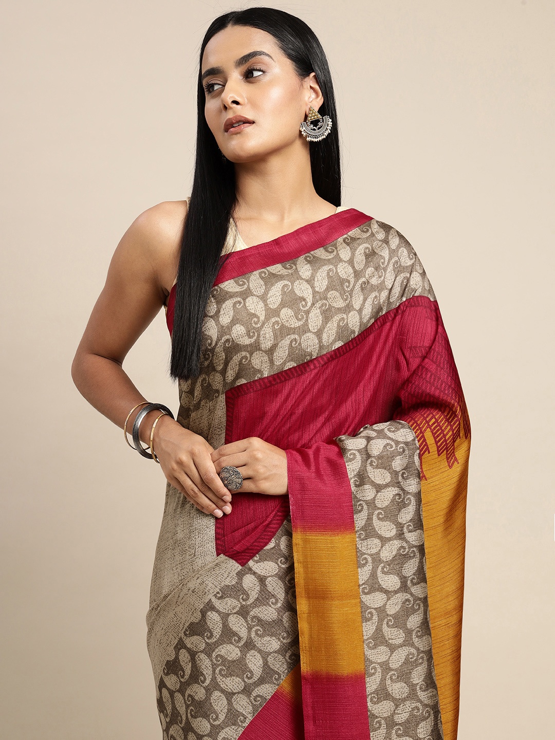 

SANGAM PRINTS Brown & Maroon Paisley Silk Blend Saree