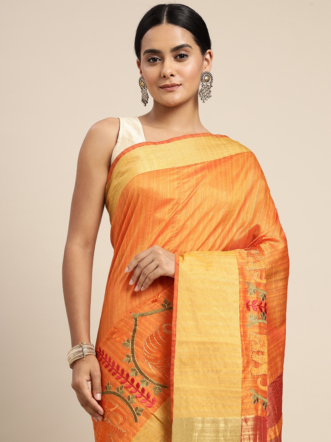 

SANGAM PRINTS Orange & Green Ethnic Motifs Silk Blend Saree