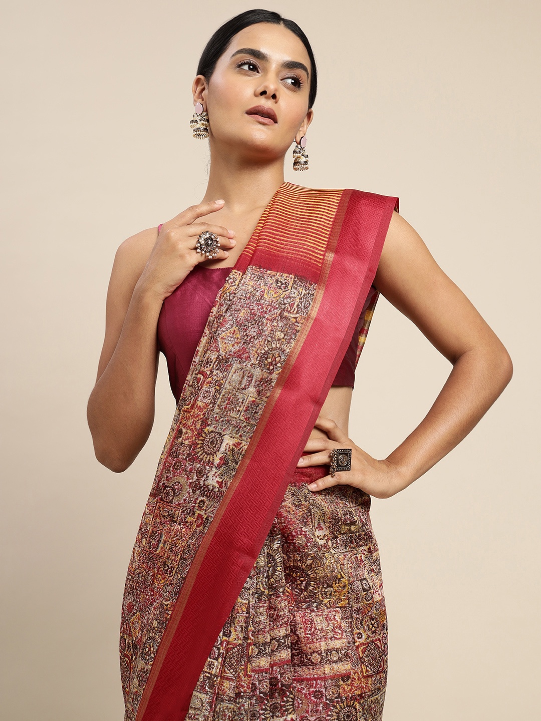 

SANGAM PRINTS Red & Beige Ethnic Motifs Zari Work Saree