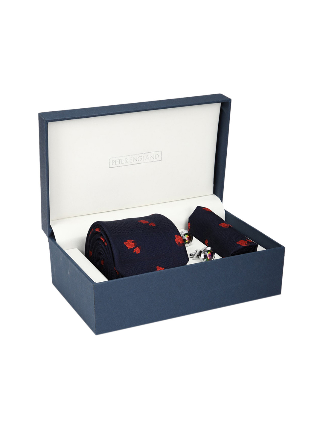

Peter England Men Black & Red Printed Tie Pocket Square And Cufflink Accessory Gift Set