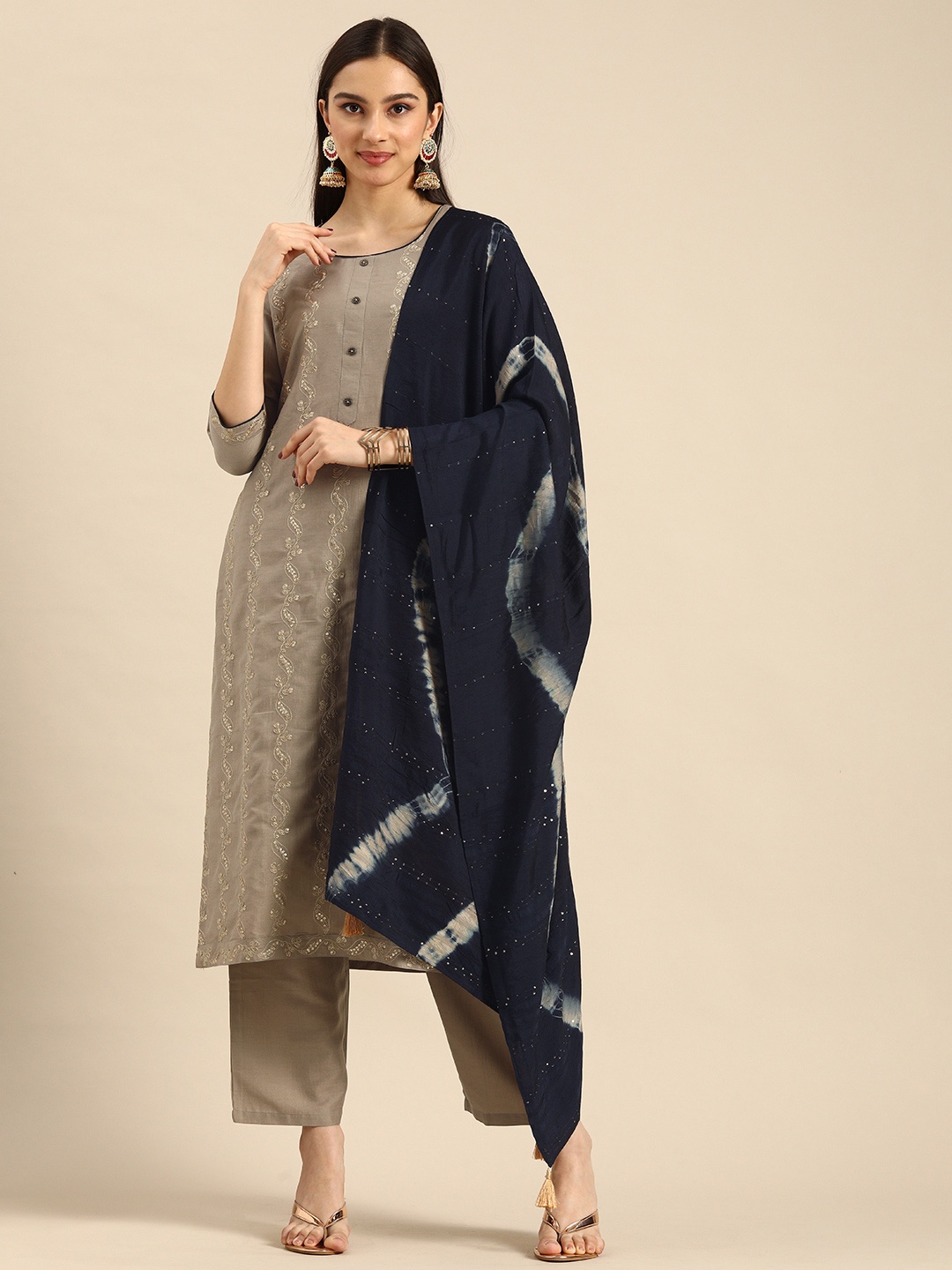 

Anouk Women Taupe Embroidered Kurta with Palazzos & Dupatta