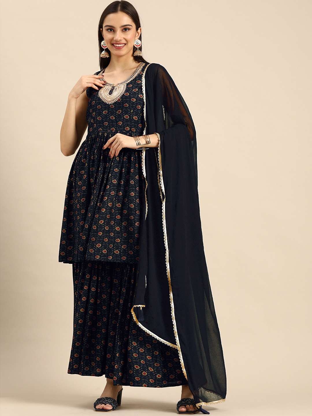 

Anouk Women Navy Blue Ethnic Motifs Embroidered Detail Kurta with Sharara & Dupatta