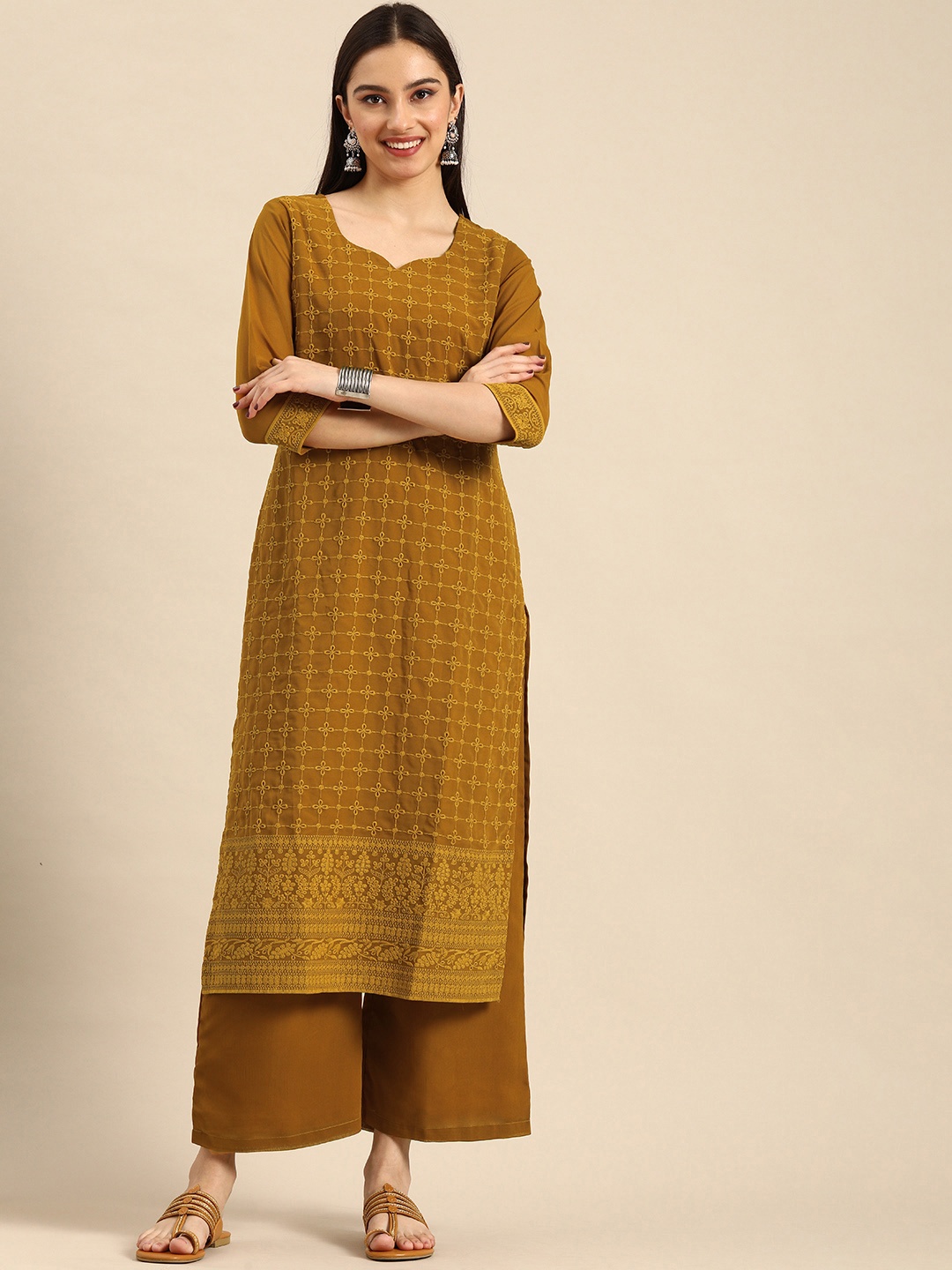 

Anouk Women Mustard Yellow Ethnic Motifs Embroidered Kurta with Palazzos