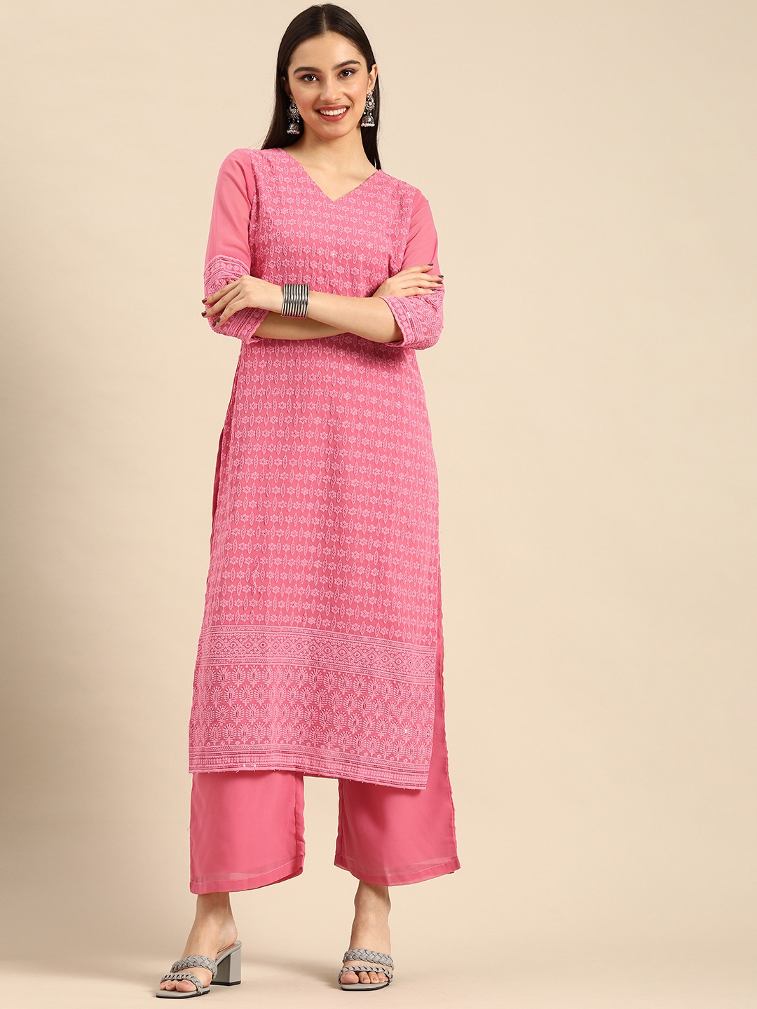 

Anouk Women Pink Ethnic Motifs Embroidered Kurta with Palazzos