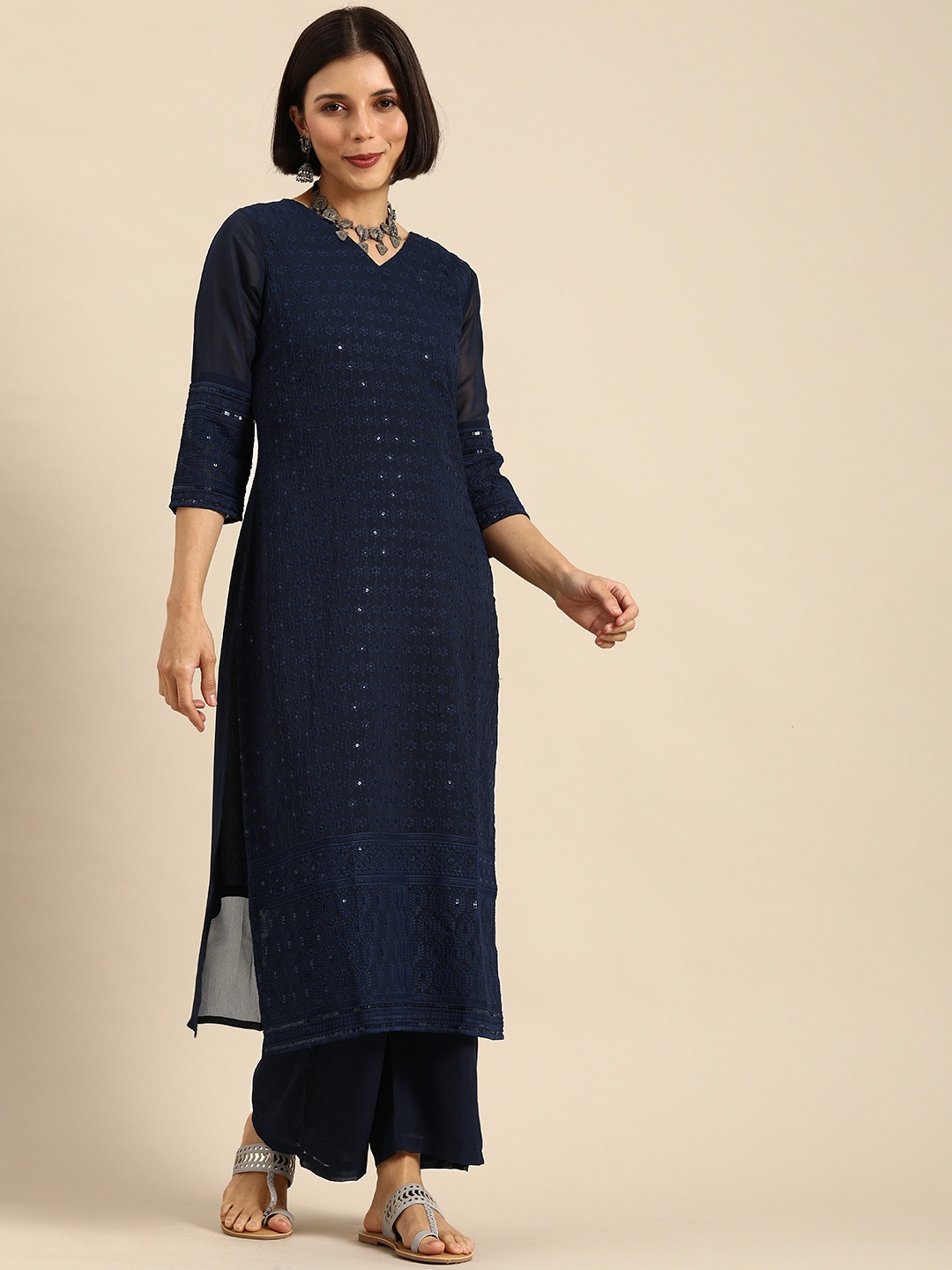 

Anouk Women Navy Blue Embroidered Sequinned Kurta with Palazzos
