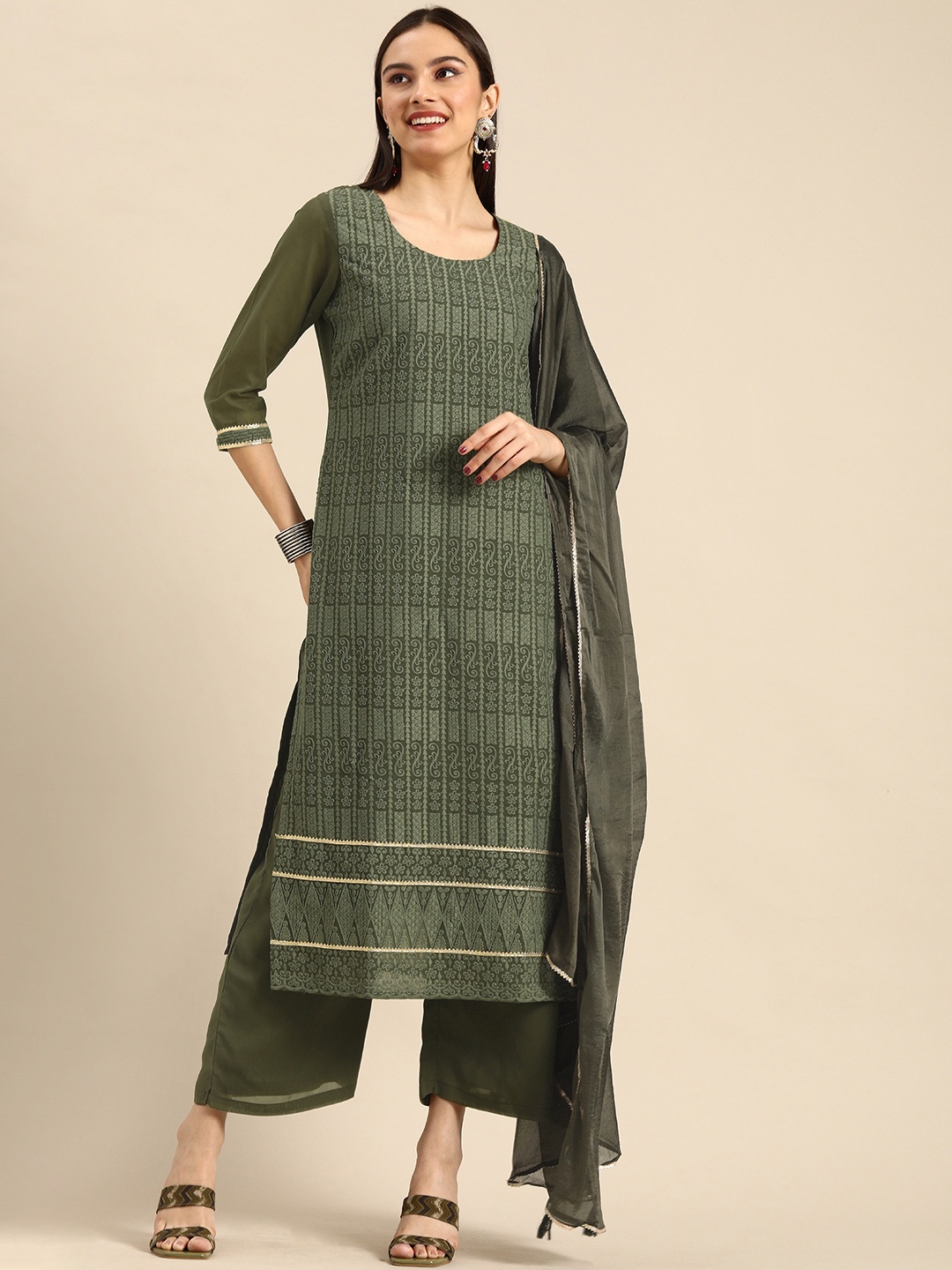 

Anouk Women Olive Green Ethnic Motifs Embroidered Kurta with Palazzos & Dupatta