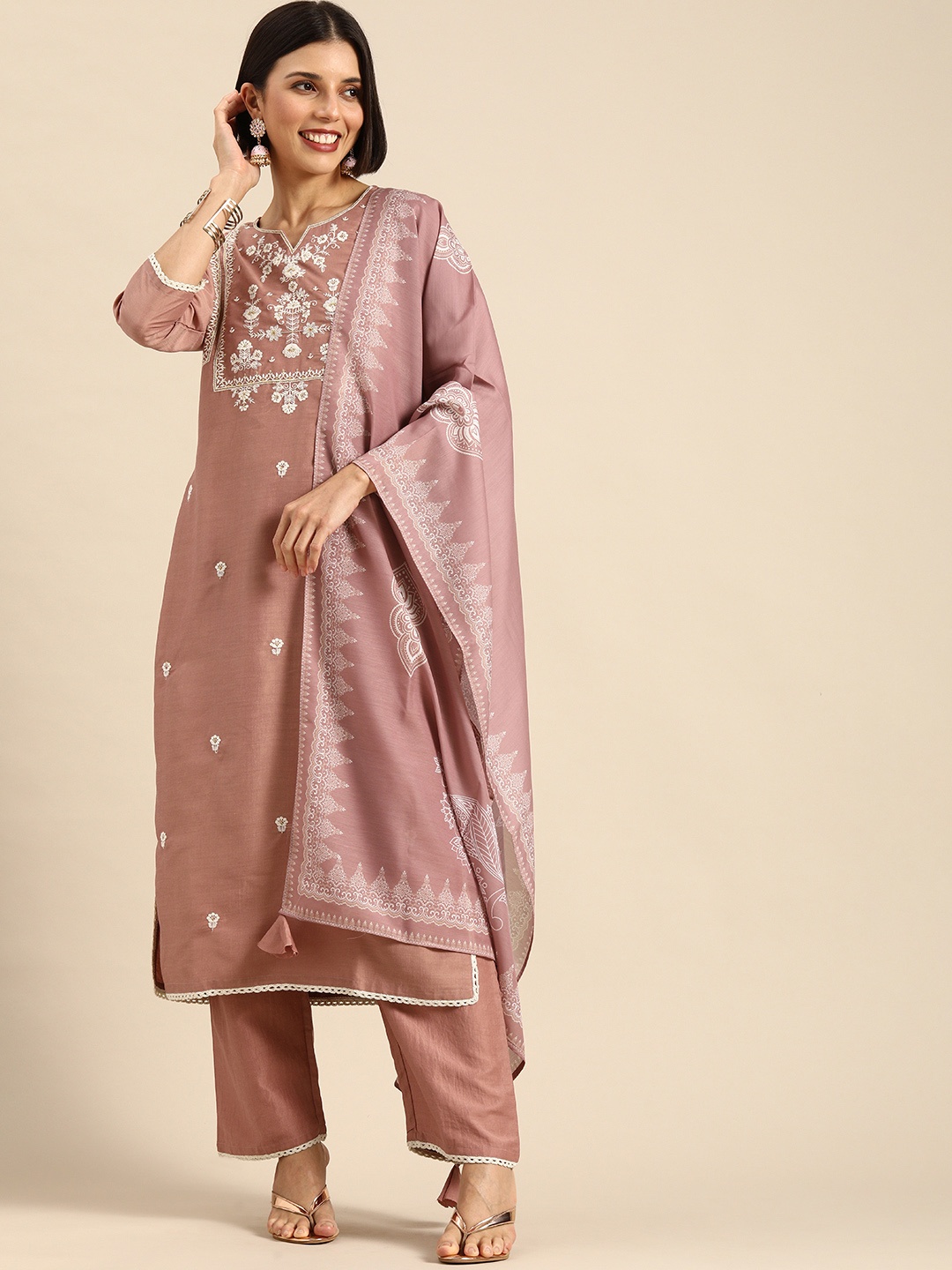 

Anouk Women Pink Ethnic Motifs Embroidered Kurta with Palazzos & Dupatta