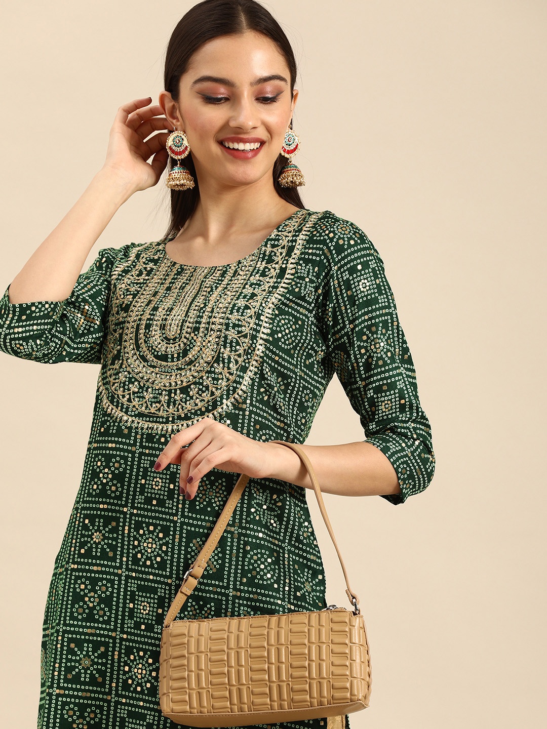 

Anouk Women Green & White Bandhani Printed Embroidered Detail Kurta