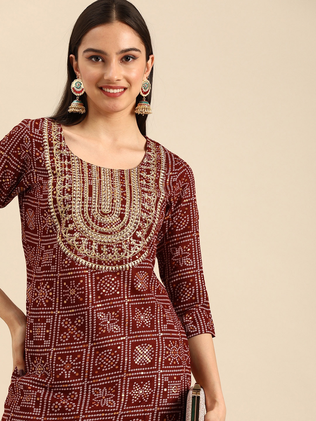 

Anouk Women Maroon & White Bandhani Printed Sequin Detail Kurta