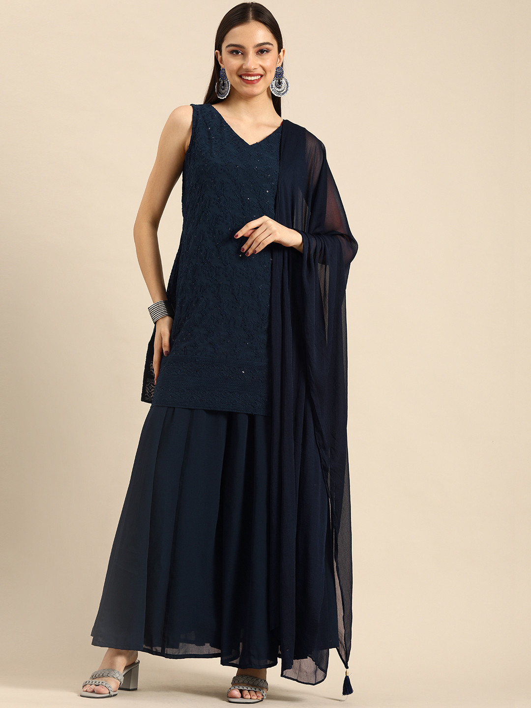 

Anouk Women Navy Blue Ethnic Motifs Embroidered Sequinned Kurta with Palazzos & Dupatta