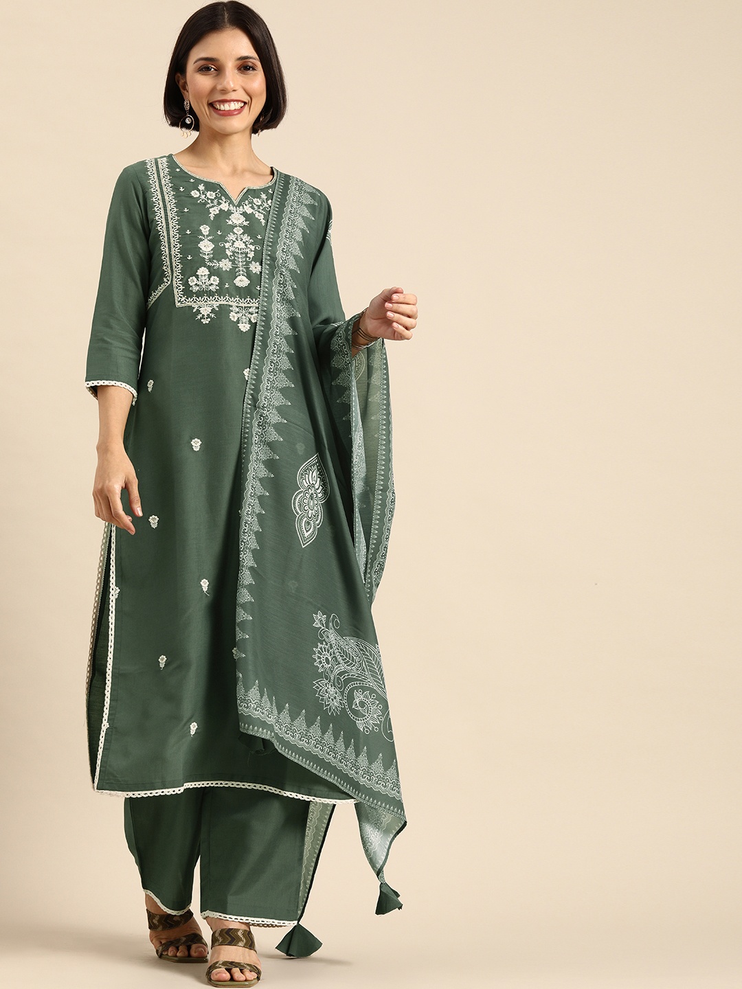 

Anouk Women Green Ethnic Motifs Embroidered Kurta with Palazzos & Dupatta