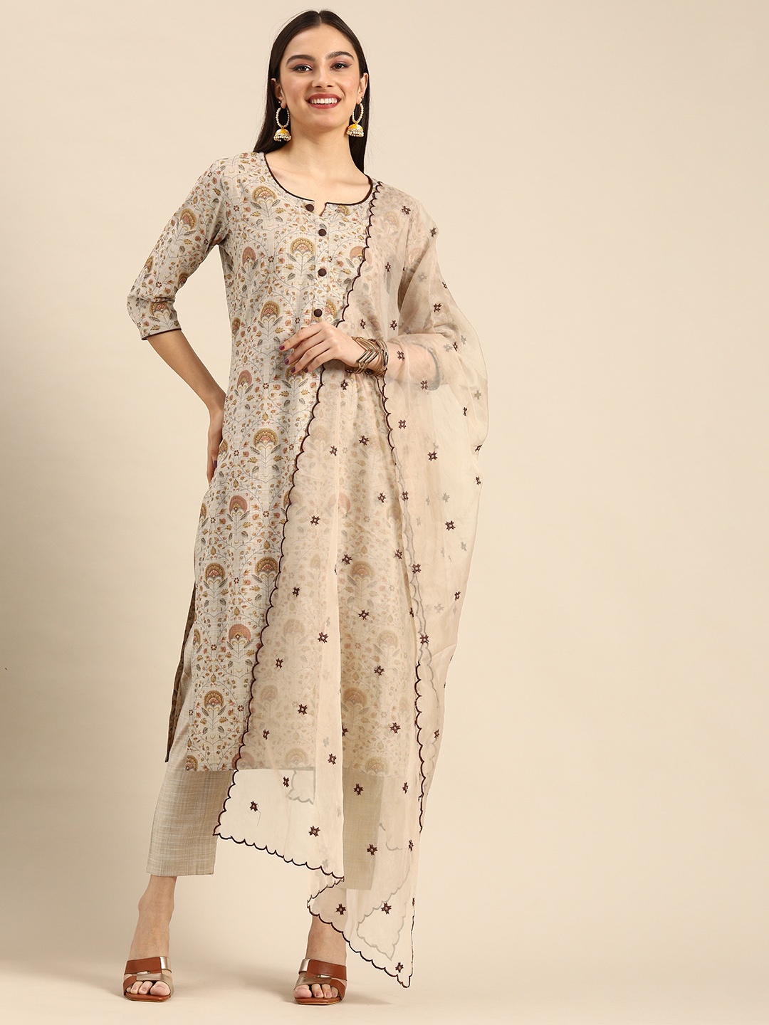

Anouk Women Camel Brown Ethnic Motifs Printed Kurta with Palazzos & Dupatta