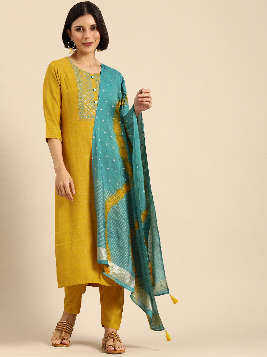 

Anouk Women Mustard Yellow Embroidered Sequinned Kurta with Palazzos & Dupatta