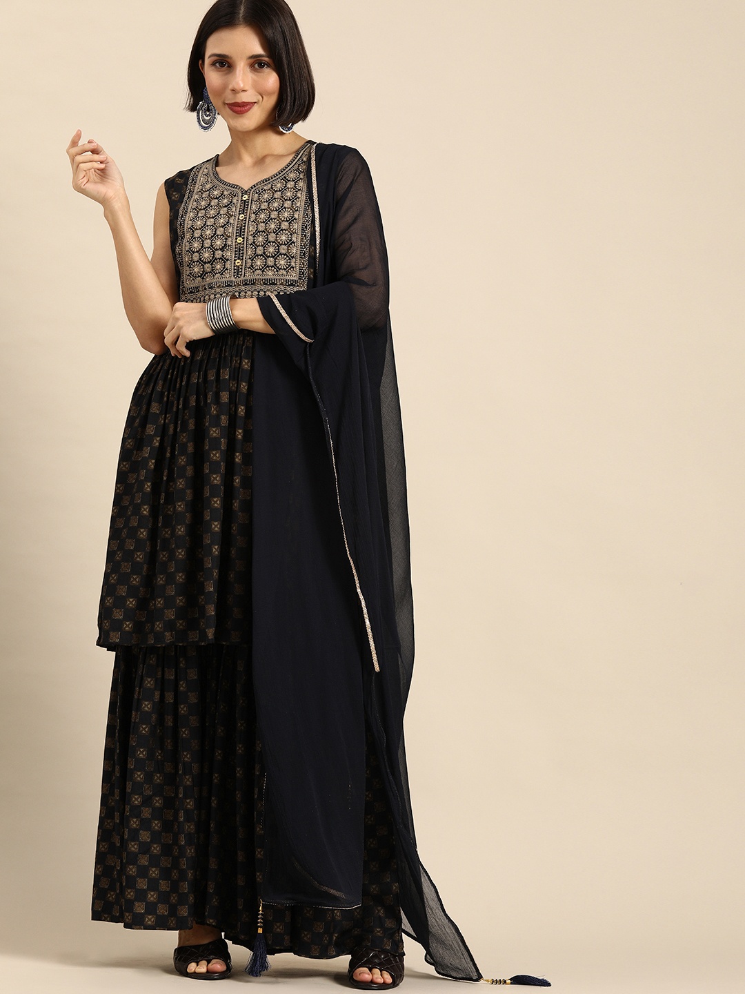 

Anouk Women Black Ethnic Motifs Printed Embroidered Kurta with Sharara & Dupatta