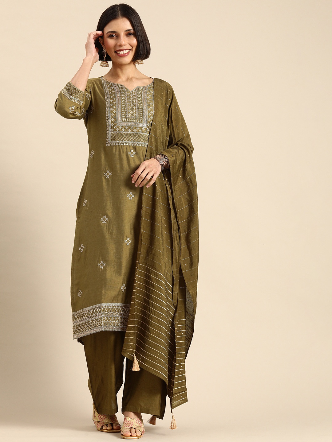 

Anouk Women Olive Green Embroidered Chanderi Silk Kurta with Palazzos & Dupatta