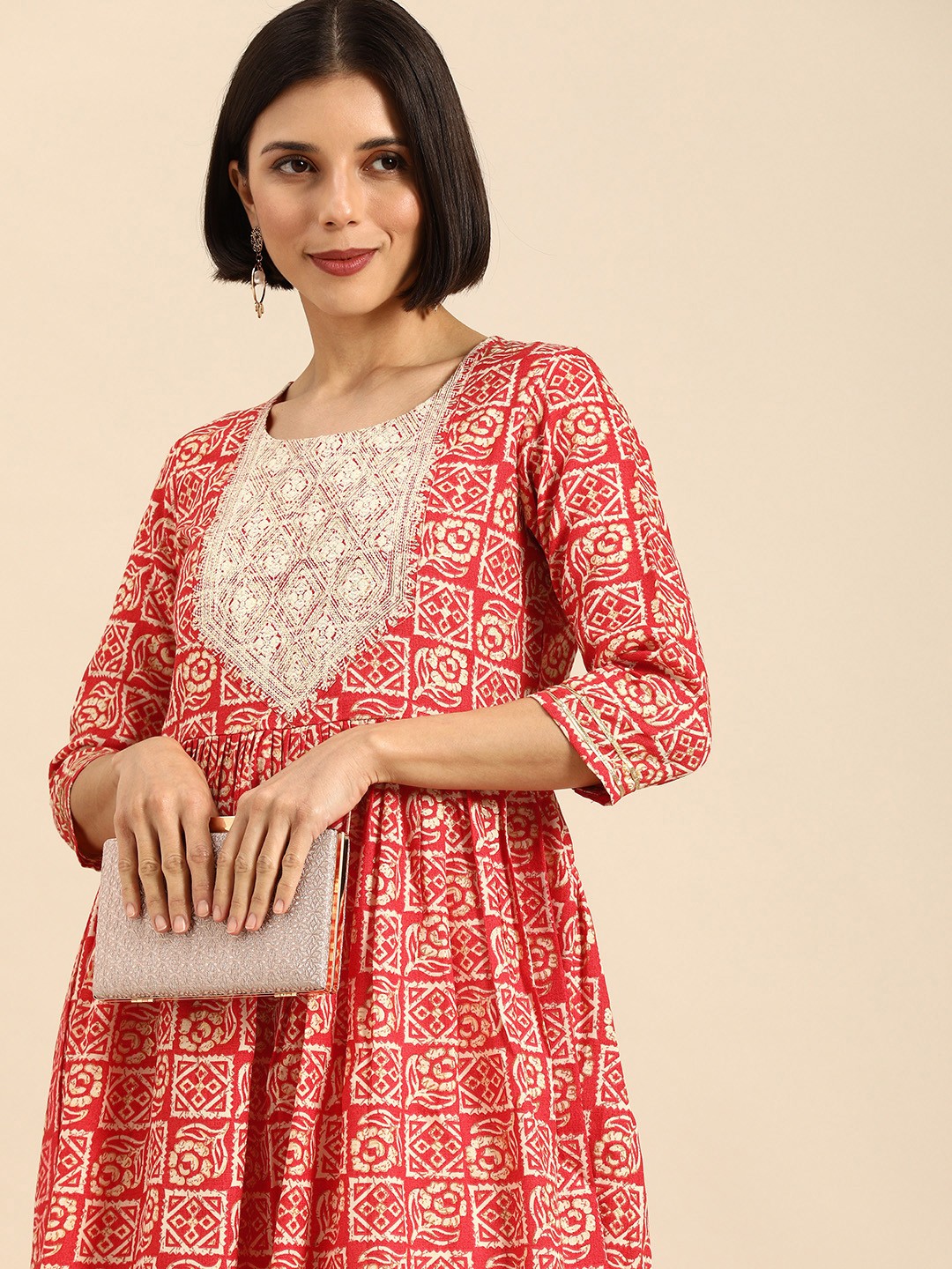 

Anouk Women Red & White Ethnic Motifs Printed Sequin Detail Anarkali Kurta