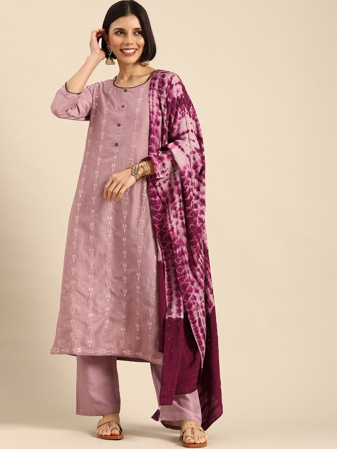 

Anouk Women Lavender Ethnic Motifs Embroidered Sequinned Kurta with Palazzos & Dupatta