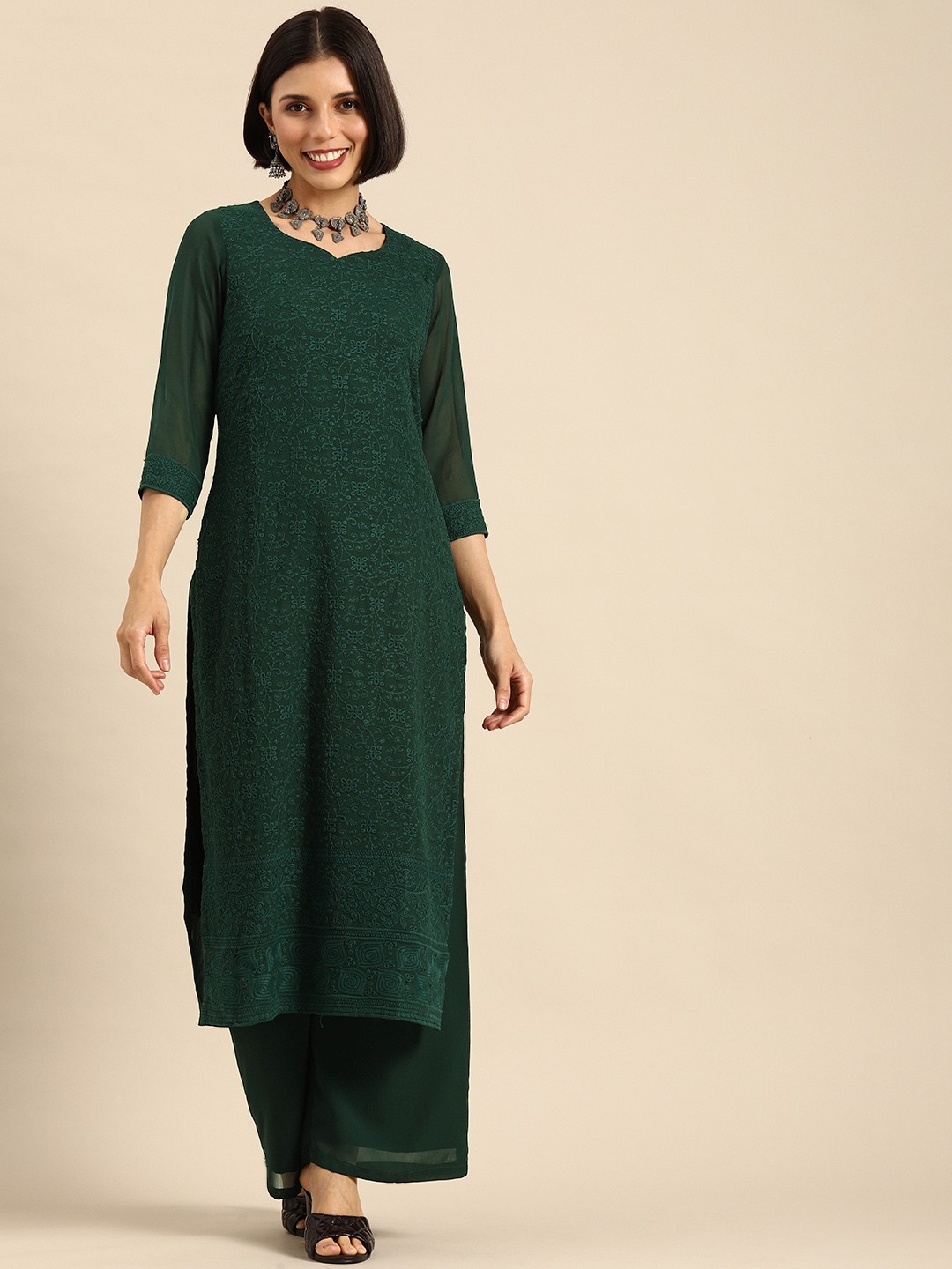 

Anouk Women Green Ethnic Motifs Embroidered Kurta with Palazzos