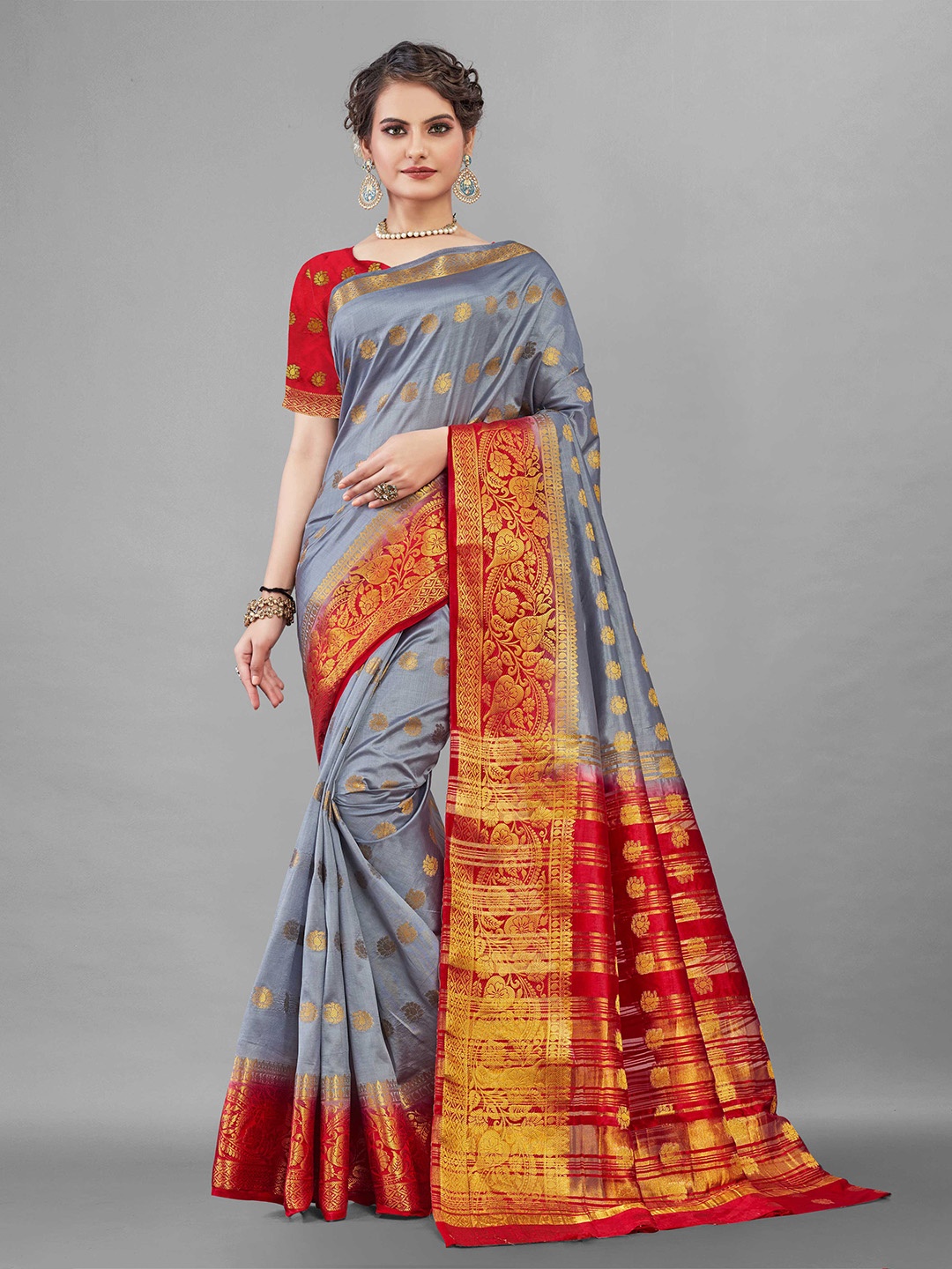 

Zombom Grey & Red Pure Silk Saree