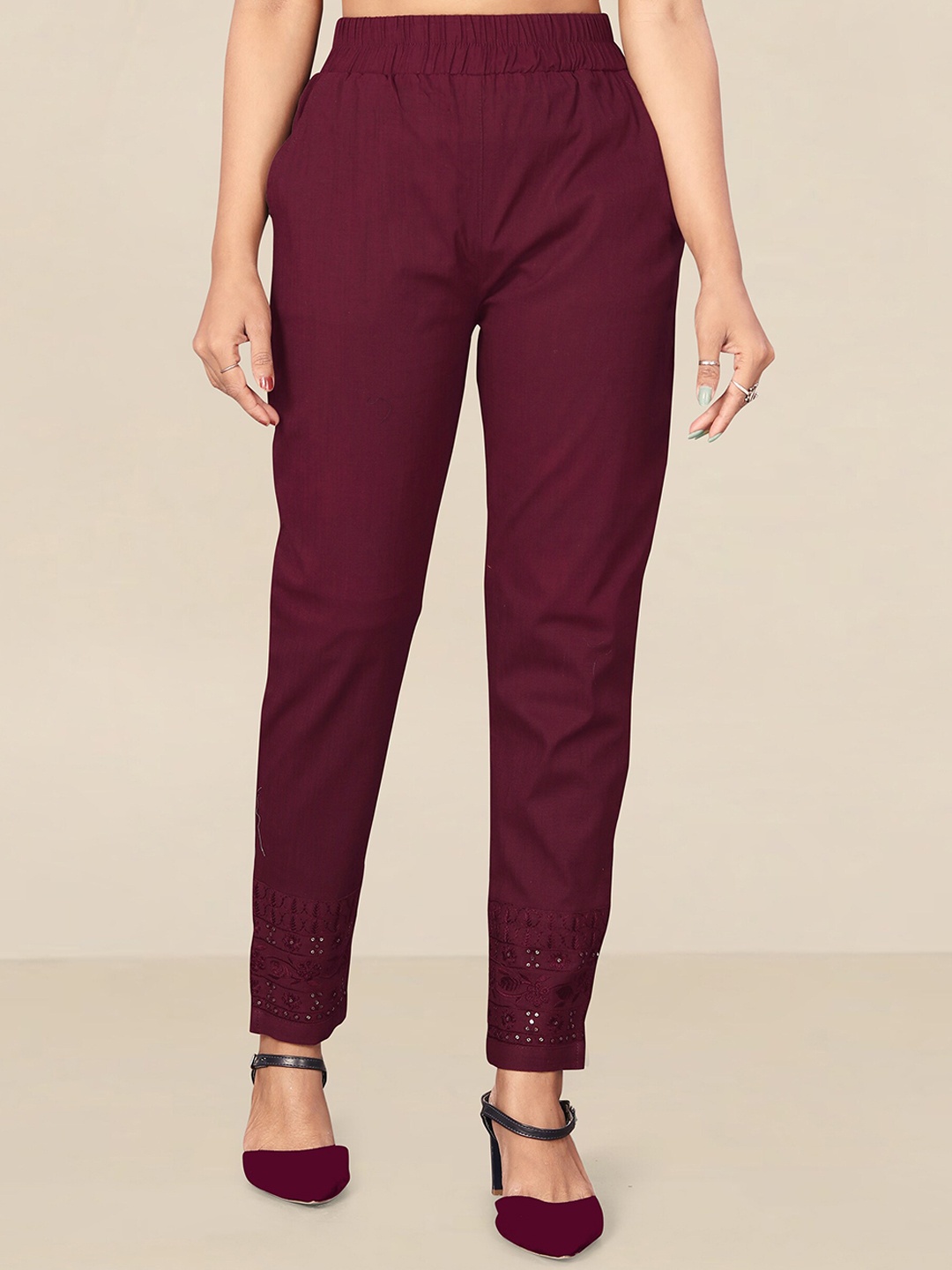 

UNITED LIBERTY Women Maroon Relaxed Easy Wash Regular Fit Trousers