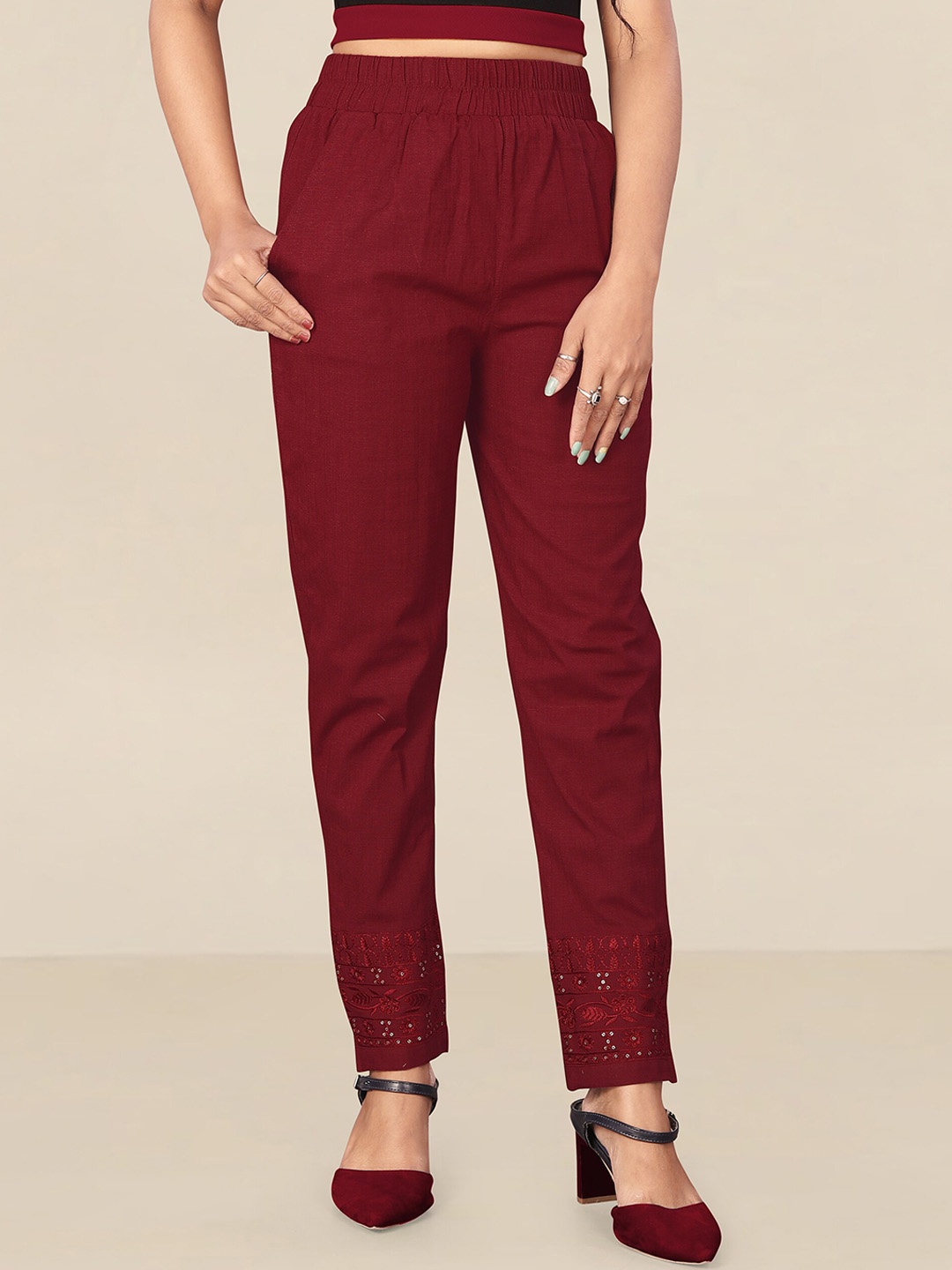 

UNITED LIBERTY Women Maroon Relaxed Easy Wash Regular Fit Trousers